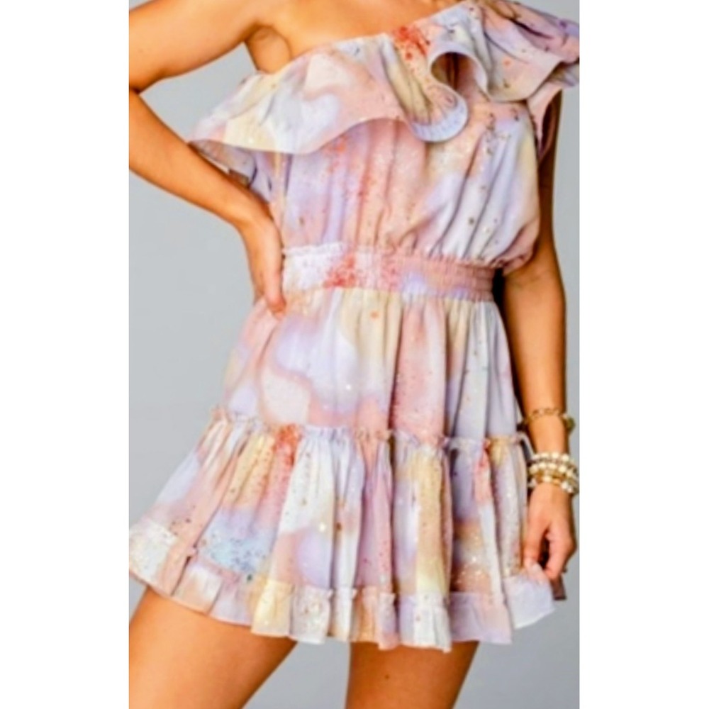 Buddy Love Sofia Taurus One Shoulder Ruffle Mini Dress Pastel Watercolor Large